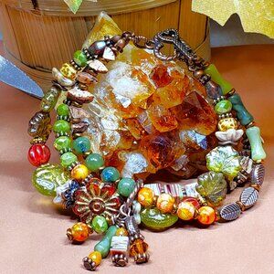 Boho Charm Bracelet, Czech Glass Nephrite Jade Wood Chip Mottled Orange Beads